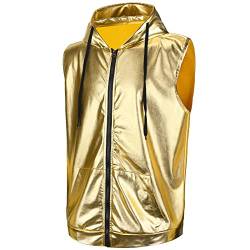 Sintege Metallisch Ärmellos Kapuzenweste für Herren 70er Disko Tank"top mit Kapuze Glänzend Weste mit Reißverschluss (Gold, L) von Sintege