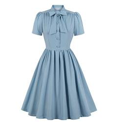 Cocktailkleid Damen Kurz Schleife Hals Swing Kleid Button Up Vintage Kleider 1950er Jahre Einfarbig Kurzarm Party Minikleid Abendkleid von Sisifa