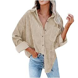 Damen Cord Shacket Shirt Button Down Hemd Lässige Langarm Oberteile Einfarbig Oversized BoyfriendJacke Bluse Freizeit Hemdbluse von Sisifa