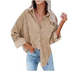 Damen Cord Shacket Shirt Button Down Hemd Lässige Langarm Oberteile Einfarbig Oversized BoyfriendJacke Bluse Freizeit Hemdbluse von Sisifa