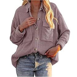 Damen Cord Shacket Shirt Button Down Hemd Lässige Langarm Oberteile Einfarbig Oversized BoyfriendJacke Bluse Freizeit Hemdbluse von Sisifa