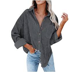 Damen Cord Shacket Shirt Button Down Hemd Lässige Langarm Oberteile Einfarbig Oversized BoyfriendJacke Bluse Freizeit Hemdbluse von Sisifa