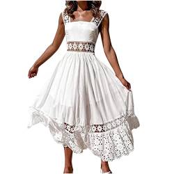 Maxi Kleider Damen Sommer Aushöhlen Einfarbig Spitze Lang Kleid Boho Strandkleider Sommerkleid Tiefem V-Ausschnitt Flowy Swing Kleid von Sisifa