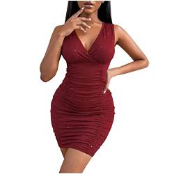 Sisifa Abendkleid Kurz Damen Sexy V-Ausschnitt Minikleid Glitzer Pailletten Bodycon Ruched Ärmellos Cocktailkleid Tank Enges Wickelkleid Partykleid Clubwear Nachtkleid, Wein, L von Sisifa