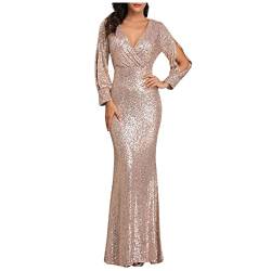 Sisifa Damen Abendkleid Langarm Paillette Kleid für Frauen Elegant Kleid Meerjungfrau Lange Ballkleid V-Ausschnitt Maxikleider Bodycon Kleid Glitzer Kleid Cocktailkleid, Gold, M von Sisifa