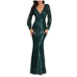 Sisifa Damen Abendkleid Langarm Paillette Kleid für Frauen Elegant Kleid Meerjungfrau Lange Ballkleid V-Ausschnitt Maxikleider Bodycon Kleid Glitzer Kleid Cocktailkleid von Sisifa