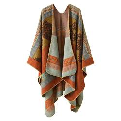 Sisifa Damen Boho Pullover Poncho Schal Wrap Cape Mantel Winter Herbst Vintage Print Stricken vorne offene Strickjacke Decke von Sisifa