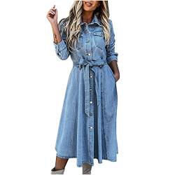 Sisifa Jeanskleid Damen Lässiges Revers Langes Geknöpftes Denim Kleid Lockere Hemdkleider mit Taschen Partykleid Langarm Midi Kleider mit Gürtel von Sisifa