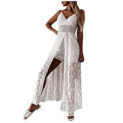 Sisifa Maxi Kleider Damen Sommer Aushöhlen Einfarbig Spitze Lang Kleid Boho Strandkleider Sommerkleid Tiefem V-Ausschnitt Flowy Swing Kleid, H-weiß, M von Sisifa