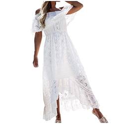 Sisifa Maxi Kleider Damen Sommer Aushöhlen Einfarbig Spitze Lang Kleid Boho Strandkleider Sommerkleid Tiefem V-Ausschnitt Flowy Swing Kleid, M-weiß, XL von Sisifa