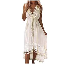 Sisifa-Sommerkleid damen Maxi Kleider Sommer Aushöhlen Einfarbig Spitze Lang Kleid Boho Strandkleider Sommerkleid Tiefem V-Ausschnitt Flowy Swing Kleid, S, D-beige von Sisifa