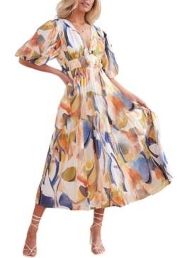 Sissyaki Damen Boho V-Ausschnitt Maxikleid Hohe Taille Herbst Winter Langes Kleid, Blauer Aufdruck 1, Mittel von Sissyaki