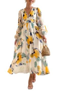 Sissyaki Damen Boho V-Ausschnitt Maxikleid Hohe Taille Herbst Winter Langes Kleid, Z#gelb-aquarell, Mittel von Sissyaki