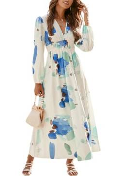 Sissyaki Damen Langarm Boho Floral Maxikleid Gesmokt Strand Flowy Kleid, Z#blau-Aquarell, Mittel von Sissyaki