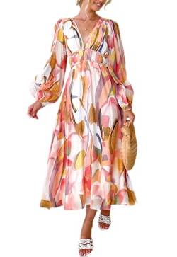 Sissyaki Damen Langarm Boho Floral Maxikleid Gesmokt Strand Flowy Kleid, Z#pink-aquarell, Mittel von Sissyaki