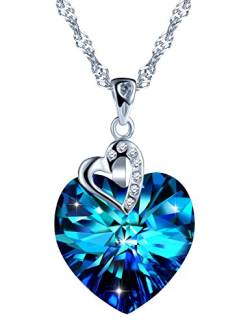 SIXLUO Damen Kette 925 Sterling Silber Halskette"Herz des Ozeans" Blau Kristall Zirkonia Anhänger Herzkette mit Swarovski Steinen (Herzen) von SixLuo