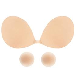 Sixome Klebe BH Rückenfrei Push up BH, Klebriger BH mit 1 Paar Silikon Nippelabdeckung, Wiederverwendbare Trägerloser Rückenfrei Unsichtbare BH für Abendkleid, Brautkleid (Beige-C) von Sixome