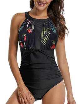 Sixyotie Badeanzug Schwimmanzug Damen Einteiler Schlankheits Raffung High Neck Bademode Strandmode, Gr.-EU 38/ Etikettengröße- Medium, Blätter von Sixyotie