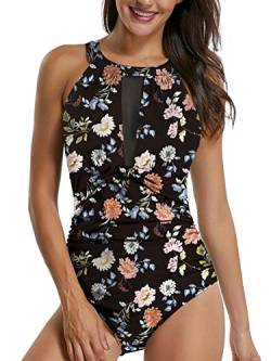 Sixyotie Badeanzug Schwimmanzug Damen Einteiler Schlankheits Raffung High Neck Bademode Strandmode (M,Flowerblack) von Sixyotie