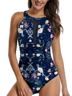 Sixyotie Badeanzug Schwimmanzug Damen Einteiler Schlankheits Raffung High Neck Bademode Strandmode (XL,Flowerblue) von Sixyotie