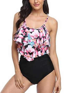 Sixyotie Damen Bikini Set Falbala Rüschen High Waist Bauchweg Bademode Zweiteiliger Badeanzug (Apinkpetal, L) von Sixyotie