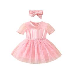 Siyova Newborn Girl Dress Outfits, Solid Color Short Sleeve Mesh Patchwork Dot Pattern Dress + Cute Headband Set (Pink, 9-12 Months) von Siyova