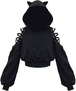 Siyova Sweatshirt mit Kapuze für Damen mit Katzenohren, niedlich, kurz, mit überzogenen Schultern, Punk, schwarz, langärmlig, Top für Herbst und Frühling, Schwarz , L von Siyova