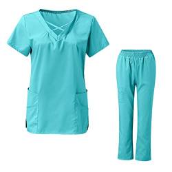 Sizoer 2-Teiliges Set Damen Pflege Kasacks Mit Hosen Slim Fit Einfarbig Kurzarm V-Ausschnitt Pflege-Top Anzuge Breite Beine Cargo-Hose Mit Taschen Hosenanzug Uniform Set Kasacks Sets L von Sizoer