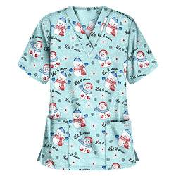 Sizoer Christmas Kasacks Damen Pflege Krankenschwester Kittel Schlupfjacke V-Ausschnitt Tunika Kurzarm Schlupfkasack Arbeitsuniform Schlupfhemd T-Shirt Berufskleidung Krankenpflege Uniform von Sizoer