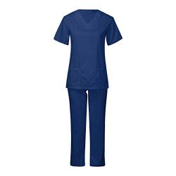 Sizoer Damen 2-teiliges Set Einfarbig Kurzarm Casual V-Ausschnitt Top und Hose mit Taschen, Pflege Kasack und Hosen Pflegebekleidung Arbeitsuniform Set, Pflegeuniform Berufsbekleidung Schrubb-Set von Sizoer