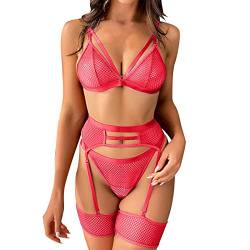 Sizoer Damen Strapsen Dessous Set Sexy 4-Teilige Dessous Mit Strumpfband Push Up BH Und Panty Set Damen Ungefüttert Bralette Nachtwäsche Erotik Curvy Sexy Schlafanzug Reizwäsche Dessous Set von Sizoer