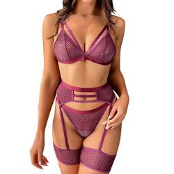 Sizoer Damen Strapsen Dessous Set Sexy 4-Teilige Dessous Mit Strumpfband Push Up BH Und Panty Set Damen Ungefüttert Bralette Nachtwäsche Erotik Curvy Sexy Schlafanzug Reizwäsche Dessous Set von Sizoer