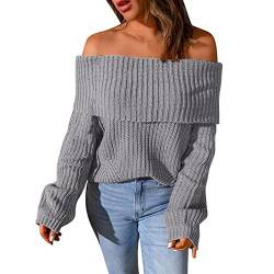 Sizoer Herbst Pullover Damen Einfarbig Langarm Schulterfrei Kapuzenpullover Punk Strickpullover Damen Grobmaschig Lockere Oberteile Lässig Pulli Sweater Vintage Strickpullover Damen Grobmaschig von Sizoer