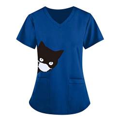 Sizoer Kasakkasaks Altenpflege Kasack Damen Pflege Schlupfkasack Komfortabel Pflege Kittel V-Ausschnitt Katze Motiv Kasack Pflege Große Größen Kurz Kasack Damenkasack Lady-Fit T-Shirt von Sizoer