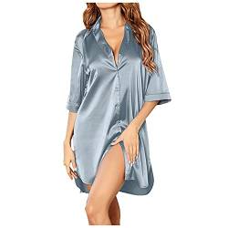 Sizoer Negligee Sexy Nachtwäsche Satin Nachthemd Damen Mit Knöpfe Kurzes Nachtkleid V-Ausschnitt Basic Unterkleid Kurz 3/4 Ärmeln Sleeepshirt Mit Tiefer Sommer Nachtwäsche Frau Sleepwear S-XXL von Sizoer