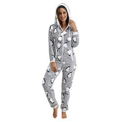 Sizoer Pyjama Einteiler Damen Plüsch Jumpsuit Damen Lang Pinguin Damen Gedruckt Schlafanzug Einteiler Ohne Kaputze Langarm Kapuze Mit Taschen Reißverschluss Kuschelig Schlafanzug Damen Einteiler von Sizoer