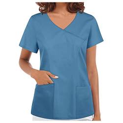 Sizoer Schlupfkasack Kasack Damen Kurzarm V-Ausschnitt T Shirts Krankenpfleger Uniformen mit 2 Taschen Einfarbig Frauen Pflege Berufsbekleidung Krankenschwester Schlupfhemd #0512 Blau von Sizoer