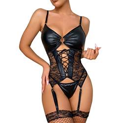 Sizoer Strapsen Dessous Set mit strümpfen Leder Wetlook Erotische Negligee Nachtwäsche String Babydoll Goth Clubwear Dessous Set Curvy Sexy Schlafanzug Reizwäsche Dessous Set Negligee Damen von Sizoer