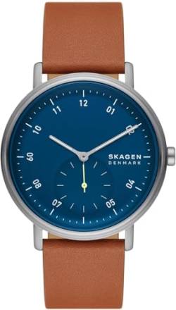 Skagen Herrenuhr Kuppel quarz/3 Zeiger Uhrwerk 44mm Gehäusegröße mit einem Lederarmband SKW6888, Blau von Skagen