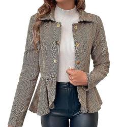 Anzug Damen Elegant Damen-Freizeitjacke, hoher, niedriger Saum, vorne offen, Lange Ärmel, Arbeitsmantel mit Schößchen Mäntel Mit Lederärmel Damen (Beige, M) von Skang