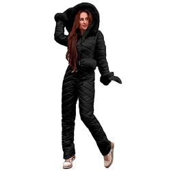 Damen Jacke Frauen Snowboard Skianzug Plüschkragen Lässige Mode Warmhalten Verdicken Heiße Outdoor-Sportarten Reißverschluss Skianzug Jumpsuit Damen 40 (Black, XL) von Skang