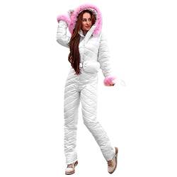 Damen Jacke Frauen Snowboard Skianzug Plüschkragen Lässige Mode Warmhalten Verdicken Heiße Outdoor-Sportarten Reißverschluss Skianzug Jumpsuit Damen 40 (White, M) von Skang