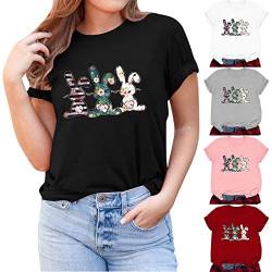 Damen Ostern Tshirt Sommer Oberteile Damenpullover Tops Kurzarm Tee Shirts Basic Rundhals Sommerbluse Tunika Hasen Drucken Osternnpullover Sweatshirt von Skang