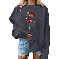 Damen Pullover, Weihnachten, Druck, O-Ausschnitt, lässiges, lockeres Sweatshirt, Rundhalsausschnitt, passende Pullover, Tops, Langarm, Workout-Shirts Schnorchel Shirt (Dark Gray, XXL) von Skang