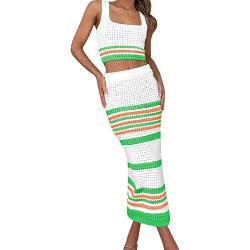 Damen Rock Lang Elegant 2023 Sommer Damenbekleidung quadratische Kragen gestreifte Hohle Anzug Kurze Weste Schlitz Langen Rock weiblich Strickrock (Green, XL) von Skang