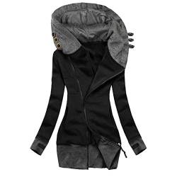 Oversize Jacke Damen Jacke Frauen Ärmel Long Mats Pouch solides Sweatshirt-Mode Reißverschluss Kapuzenpullover Damen Hoodie (Black, L) von Skang