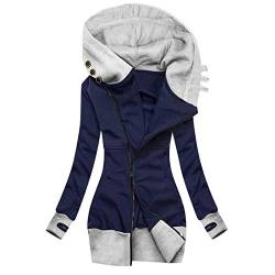 Oversize Jacke Damen Jacke Frauen Ärmel Long Mats Pouch solides Sweatshirt-Mode Reißverschluss Kapuzenpullover Damen Hoodie (Navy, L) von Skang
