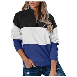 Pullover Damen Elegant Damen-Sweatshirt mit Farbblockdruck, Dicker Pullover, Reißverschluss, Langarm, Bluse, Top, Party-Shopping Fleecejacke Damen Schwarz (Blue, XXL) von Skang