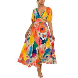 Skang Damen Kleider Sommer Elegant Damen-Kleid mit kurzen Ärmeln, bunter Blumendruck, weiblich, V-Ausschnitt, Puffärmel, elastische Taille, modisches Urlaubskleid Schöne Kleider Damen Festlich von Skang