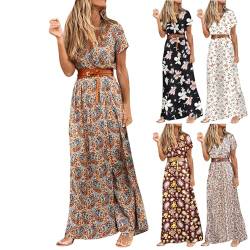 Skang Damen Sommerkleid Boho Elegant V-Ausschnitt Kurzarm Maxikleid Drucken Sommer Lang Kleid Strandkleid Böhmisch Blumenkleid Partykleid Freizeitkleid mit Gürtel von Skang